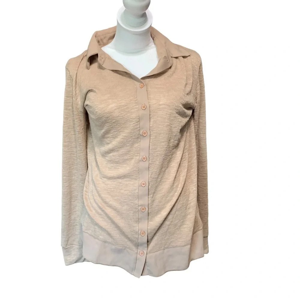 Pleione women's tan oversized button up blouse